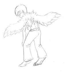 Size: 1069x1177 | Tagged: safe, artist:maxsilverfox, derpibooru import, human, pegasus, pony, clothes, human to pony, image, looking back, pants, png, sketch, spread wings, traditional art, transformation, wings