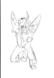 Size: 1063x1537 | Tagged: safe, artist:maxsilverfox, derpibooru import, changeling, changeling queen, human, female, human to changeling, image, png, sketch, solo, spread wings, traditional art, transformation, wings