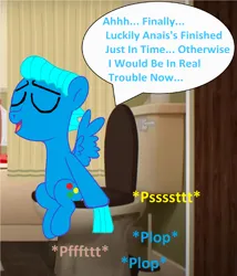 Size: 1720x2008 | Tagged: suggestive, artist:memeartboi, derpibooru import, ponified, pegasus, pony, g4, ahhh, bathroom, but why, colt, eyes closed, foal, gumball watterson, image, imminent flush, implied farting, implied peeing, implied pissing, implied pooping, implied urination, implied urine, indoors, male, onomatopoeia, pegasus wings, plop, png, relaxed, relief, relieved, sequel, sitting, sitting on toilet, solo, sound effects, speech bubble, spread wings, text, the amazing world of gumball, toilet, toilet humor, wings