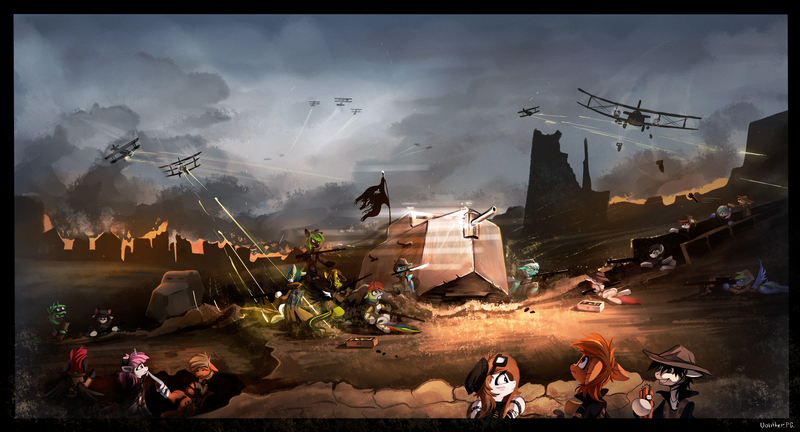 Size: 5637x3046 | Tagged: semi-grimdark, artist:ramiras, derpibooru import, oc, unofficial characters only, earth pony, pegasus, pony, unicorn, a7v, battlefield, biplane, commission, dynamite, explosives, female, flag, gun, horn, image, injured, male, mare, outdoors, plane, png, scenery, smiling, stallion, tank (vehicle), war, weapon, world war i