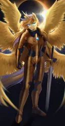 Size: 2027x3941 | Tagged: safe, artist:u_lu_lu, derpibooru import, oc, oc:blazing sun, alicorn, anthro, seraph, seraphicorn, anthro oc, armor, image, multiple wings, png, transformation, wings