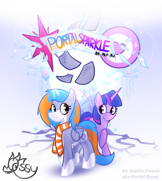 Size: 1500x1675 | Tagged: safe, artist:ossilia flawol, derpibooru import, tree of harmony, twilight sparkle, oc, oc:portal bump, pegasus, pony, unicorn, g4, canon x oc, clothes, coat markings, companion cube, duo, duo female, female, heterochromia, image, logo, pegasus oc, png, portal (valve), scarf, ship:portalsparkle, tail, two toned mane, two toned tail, unicorn twilight, wings