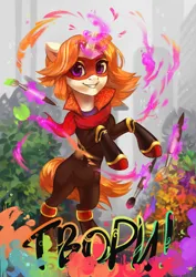 Size: 3507x4960 | Tagged: safe, artist:share dast, derpibooru import, oc, oc:lily brush, unofficial characters only, pony, unicorn, brush, clothes, cyrillic, female, glow, glowing horn, horn, image, levitation, looking at you, magic, mare, mask, paint, png, rubronycon, russian, smiling, solo, telekinesis, translated in the description