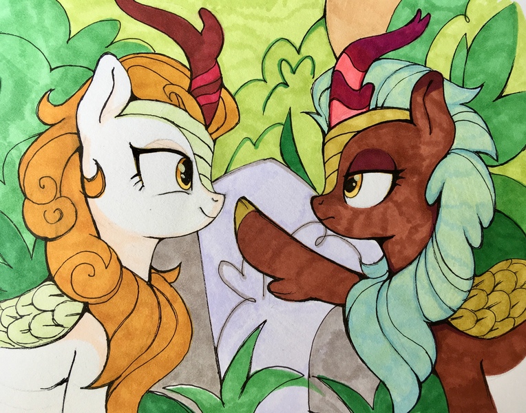 Size: 3844x3020 | Tagged: safe, artist:lispp, derpibooru import, autumn blaze, cinder glow, summer flare, kirin, g4, sounds of silence, boop, cinderblaze, duo, duo female, female, horn, image, jpeg, lesbian, my little pony, raised hoof, shipping, smiling