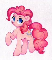 Size: 1120x1280 | Tagged: safe, artist:lispp, derpibooru import, pinkie pie, earth pony, pony, g4, colored pupils, cute, diapinkes, ear fluff, female, image, leg fluff, looking at you, mare, png, raised hoof, raised leg, simple background, smiling, smiling at you, solo, standing on two hooves, traditional art