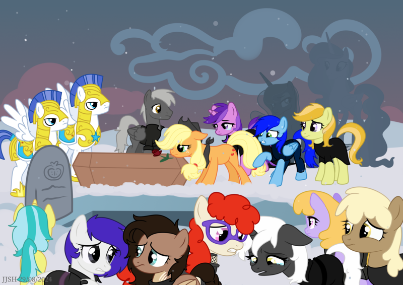 Size: 4093x2894 | Tagged: safe, alternate version, artist:jjsh, derpibooru import, amethyst star, applejack, big macintosh, drizzle, jonagold, lemony gem, marmalade jalapeno popette, mjölna, princess celestia, princess luna, twist, oc, oc:jennifer jones stars, oc:jetstream, oc:psalm, oc:stonewing, alicorn, earth pony, pegasus, pony, unicorn, g4, apple family member, armor, birthmark, clothes, cloud, coffin, crying, female, flower, funeral, glasses, grave, gravestone, guard, guardian, hat, high res, horn, image, male, mare, older twist, outdoors, png, rose, royal guard, sad, scar, snow, stallion, teary eyes, teeth, wings