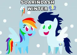 Size: 3485x2498 | Tagged: safe, anonymous artist, derpibooru import, rainbow dash, soarin', pegasus, pony, series:soarindash winter, derpibooru exclusive, female, image, jpeg, looking at you, male, mare, pointy ponies, shipping, smiling, smiling at you, snow, snowflake, soarindash, stallion, straight, text