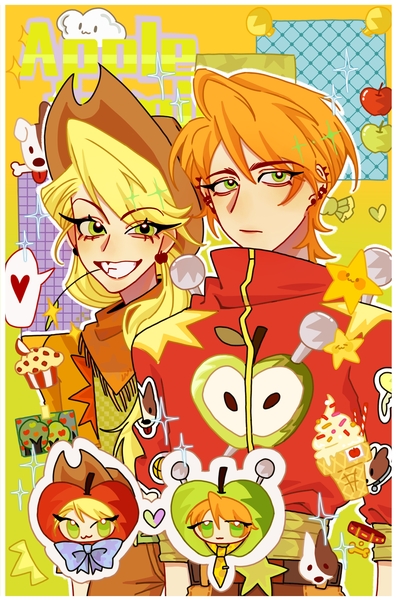 Size: 3500x5300 | Tagged: safe, artist:wangdake039, derpibooru import, applejack, big macintosh, dog, human, g4, abstract background, apple, apple costume, apple tree, belt, belt buckle, bowtie, chibi, clothes, cloud, collar, cowboy vest, ear piercing, earring, food, gradient background, grin, hat, humanized, ice cream, image, jacket, jewelry, jpeg, looking at you, muffin, neckerchief, necktie, pants, passepartout, piercing, siblings, smiling, sparkles, speech bubble, spoken heart, straw in mouth, text, tree, upper body