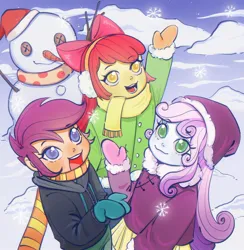 Size: 1972x2021 | Tagged: safe, artist:nimingxiwang168, derpibooru import, apple bloom, scootaloo, sweetie belle, human, equestria girls, g4, :d, carrot, christmas, clothes, cutie mark crusaders, earmuffs, food, gloves, hand up, hat, holiday, hood down, hoodie, image, jpeg, long sleeves, open mouth, open smile, outdoors, pants, santa hat, scarf, skirt, smiling, snow, snowman, winter coat, winter outfit