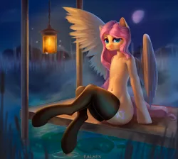 Size: 2000x1788 | Tagged: safe, alternate version, artist:falses, derpibooru import, fluttershy, firefly (insect), fly, insect, pegasus, pony, semi-anthro, g4, adorasexy, bedroom eyes, belly, blushing, clothes, collarbone, complex background, cute, digital art, eyelashes, eyes open, fog, humanoid torso, image, lake, lamp, lantern, legs, legs in air, legs together, legwear, lidded eyes, lilypad, looking at you, moon, night, one wing out, outdoors, pier, png, raised leg, reeds, ribcage, sexy, shyabetes, sitting, smiling, smiling at you, socks, solo, stars, stockings, sultry pose, thigh highs, thighs, water, wide hips, wings