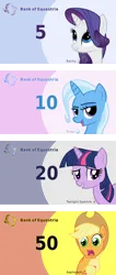 Size: 6000x14190 | Tagged: safe, artist:the smiling pony, derpibooru import, edit, applejack, rarity, trixie, twilight sparkle, derpibooru, g4, banknote, banknotes, bits, cutie mark, image, meta, png, pun, spoiler image, spoilered image joke