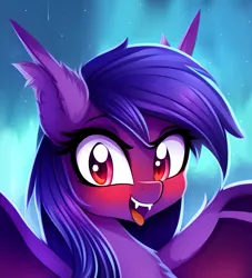 Size: 2163x2385 | Tagged: safe, ai content, derpibooru import, editor:dacaoo, machine learning generated, prompter:ramprover, oc, oc:sliwka, unofficial characters only, bat pony, pony, bat pony oc, bat wings, fangs, image, jpeg, looking at you, simple background, solo, wings