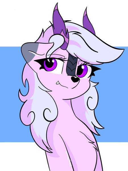 Size: 3000x4000 | Tagged: safe, artist:riley_draws_, derpibooru import, oc, oc:glacie, unofficial characters only, kirin, chest fluff, fangs, female, image, kirin oc, pink coat, png, purple eyes, simple background, smiling, solo, solo female