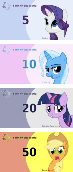 Size: 2000x4730 | Tagged: safe, artist:the smiling pony, derpibooru import, edit, applejack, rarity, trixie, twilight sparkle, earth pony, pony, unicorn, derpibooru, g4, banknote, banknotes, bits, cutie mark, horn, image, meta, png, pun, spoiler image, spoilered image joke