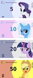 Size: 6000x14190 | Tagged: safe, artist:the smiling pony, edit, ponerpics import, applejack, rarity, trixie, twilight sparkle, earth pony, pony, unicorn, derpibooru, g4, banknote, banknotes, bits, cutie mark, horn, image, meta, png, pun, spoiler image, spoilered image joke