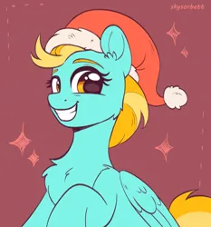 Size: 1825x1962 | Tagged: safe, artist:skysorbett, derpibooru import, lightning dust, pegasus, pony, g4, adorable face, christmas, cute, dustabetes, hat, holiday, image, jpeg, looking at you, my little pony, santa hat, signature, simple background, smiling, smiling at you, solo