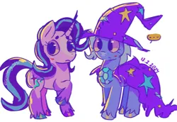 Size: 1600x1100 | Tagged: safe, derpibooru import, starlight glimmer, trixie, g4, blushing, female, hat, image, lesbian, looking at you, png, screenshot redraw, shipping, startrix