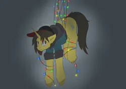 Size: 3508x2480 | Tagged: safe, artist:ollie sketchess, derpibooru import, oc, unnamed oc, unofficial characters only, pony, unicorn, christmas, christmas lights, clothes, commission, energy sword, holiday, horn, image, png, simple background, trapped, weapon