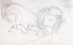 Size: 1918x1192 | Tagged: safe, artist:zenco, derpibooru import, oc, oc:anonfilly, pony, bed, black and white, cute, female, filly, grayscale, image, jpeg, monochrome, onomatopoeia, pencil, sleeping, sound effects, traditional art, zzz