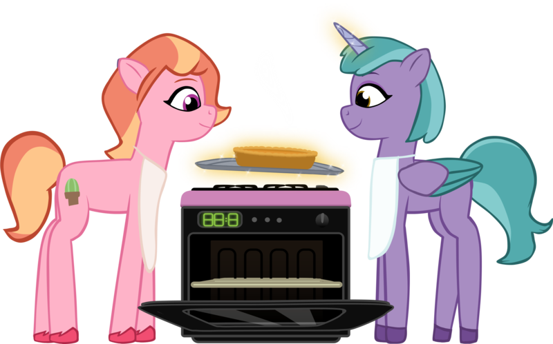 Size: 2136x1331 | Tagged: safe, derpibooru import, earth pony, pony, g5, apron, clothes, female, food, image, magic, mare, oven, pie, png, shiny sparks, strawberry blonde