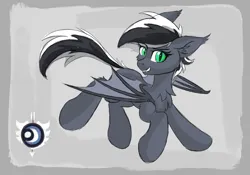 Size: 1818x1271 | Tagged: safe, artist:atlas-66, derpibooru import, oc, oc:q'pon, unofficial characters only, bat pony, pony, bat wings, chest fluff, cutie mark, ear fluff, fangs, image, looking at you, png, simple background, smiling, wings