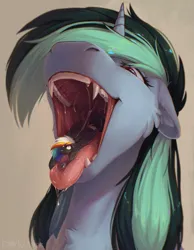 Size: 3186x4100 | Tagged: suggestive, artist:dorkmark, derpibooru import, oc, unofficial characters only, pegasus, pony, unicorn, drool, fangs, horn, image, imminent gulp, mawshot, open mouth, piercing, png, size difference, soft vore, teeth, tongue out, vore