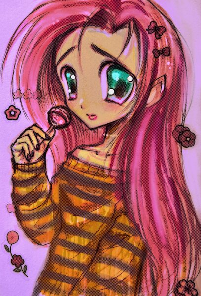 Size: 2142x3150 | Tagged: safe, artist:ieatedyuripizza, derpibooru import, fluttershy, human, g4, bust, candy, clothes, food, holding, humanized, image, jpeg, lollipop, purple background, simple background, solo, sweater