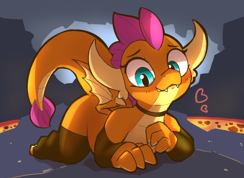 Size: 3000x2183 | Tagged: safe, artist:pabbley, derpibooru import, smolder, dragon, g4, cave, choker, clothes, colored, fangs, heart, image, jpeg, lava, looking at you, lying down, prone, raised tail, shading, smiling, socks, solo, stockings, tail, thigh highs