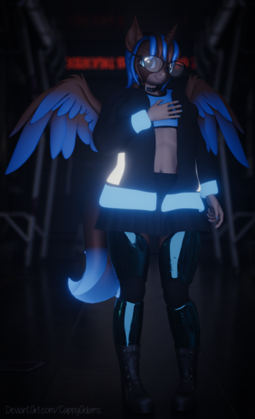 Size: 1464x2400 | Tagged: safe, artist:cappyadams, derpibooru import, oc, oc:arnas atakiyo (cappyadams), unofficial characters only, anthro, plantigrade anthro, 3d, anthro oc, blender, blender eevee, blue eyes, blue mane, brown coat, brown mane, clothes, darkness, glasses, glow, horn, image, mechanical legs, multicolored hair, png, solo, spread wings, wings