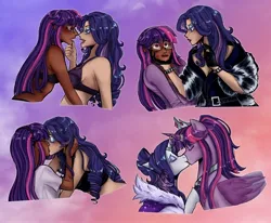 Size: 2850x2350 | Tagged: suggestive, artist:slapearl, derpibooru import, rarity, twilight sparkle, twilight sparkle (alicorn), alicorn, human, pony, unicorn, alternate hairstyle, bedroom eyes, belt, blushing, bra, bracelet, breasts, clothes, crown, dark skin, dress, drool, drool string, duo, duo male and female, eyes closed, eyeshadow, female, flustered, fur coat, glasses, gloves, hairband, hand on chin, horn, horn ring, hug, humanized, image, jewelry, jpeg, kiss mark, kissing, lesbian, lipstick, makeup, making out, male, mare, nail polish, open mouth, purple underwear, regalia, ring, ship:rarilight, shipping, shirt, size difference, sweat, underwear