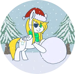 Size: 1089x1086 | Tagged: safe, artist:angie imagines, derpibooru import, oc, oc:swift wing, unofficial characters only, pegasus, pony, blonde, blonde hair, christmas, clothes, eyepatch, female, hat, holiday, image, partially transparent background, pegasus oc, pine tree, png, santa hat, scarf, snow, snowball, snowfall, solo, tree, wings, winter, winter outfit