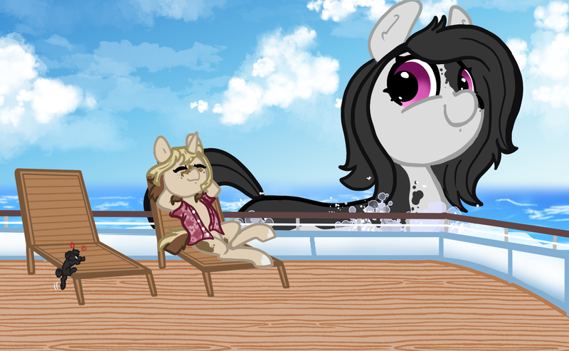 Size: 1781x1098 | Tagged: safe, artist:nootaz, derpibooru import, oc, oc:elinvar, oc:inkenel, oc:oretha, unofficial characters only, pony, unicorn, beach chair, chair, cruise ship, horn, image, macro, micro, ocean, png, relaxing, swimming, water