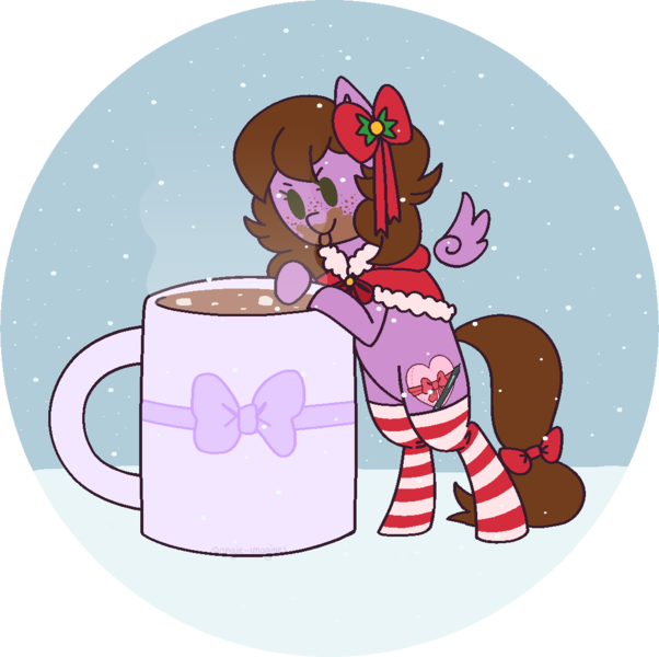 Size: 1089x1086 | Tagged: safe, artist:angie imagines, derpibooru import, oc, oc:befish, unofficial characters only, pegasus, pony, bipedal, bow, chocolate, clothes, coat, commission, female, floating wings, food, hair bow, hot chocolate, image, jacket, mare, messy, mug, pegasus oc, png, snow, snowfall, socks, solo, standing on two hooves, striped socks, tail, tail bow, wings, winter, winter outfit