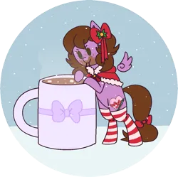 Size: 1089x1086 | Tagged: safe, artist:angie imagines, derpibooru import, oc, oc:befish, unofficial characters only, pegasus, pony, bipedal, bow, chocolate, clothes, coat, commission, female, floating wings, food, hair bow, hot chocolate, image, jacket, mare, messy, mug, pegasus oc, png, snow, snowfall, socks, solo, standing on two hooves, striped socks, tail, tail bow, wings, winter, winter outfit