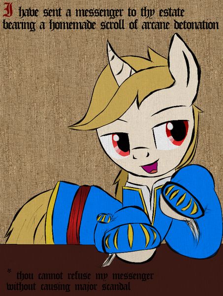 Size: 679x899 | Tagged: safe, derpibooru import, oc, oc:regal inkwell, classical unicorn, unicorn, clothes, cloven hooves, grammar error, horn, image, leonine tail, male, medieval, meme, nobility, png, smug, solo, there's a pipe bomb in your mailbox, unshorn fetlocks, ye olde butcherede englishe, ye olde english