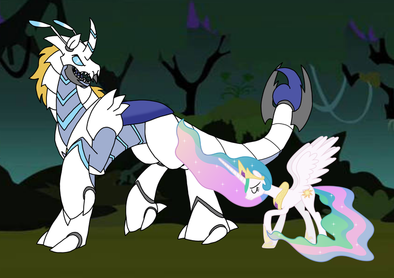 Size: 1414x1000 | Tagged: safe, artist:zetikoopa, derpibooru import, prince blueblood, princess celestia, alicorn, pony, g4, female, image, male, mare, monster prince blueblood, png, sad, species swap