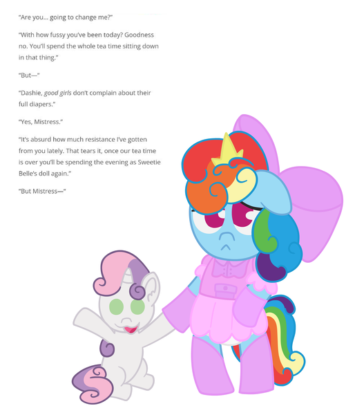 Size: 3000x3500 | Tagged: questionable, artist:snowflakepone, derpibooru import, rainbow dash, sweetie belle, pony, g4, adult, clothes, diaper, diaper fetish, doll, dress, duo, fanfic art, female, fetish, filly, foal, frilly dress, image, mare, pink dress, png, redesign, simple background, toy