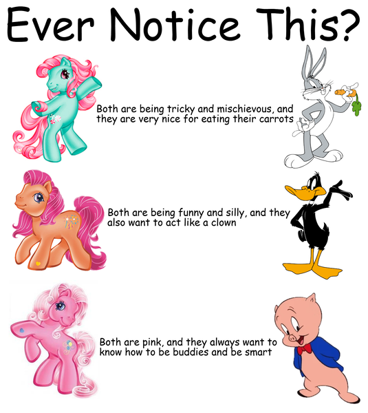 Size: 1777x1992 | Tagged: safe, derpibooru import, edit, minty, pinkie pie (g3), sparkleworks, bird, duck, earth pony, pig, pony, rabbit, g3, animal, black text, bugs bunny, daffy duck, female, image, looney tunes, male, mare, merrie melodies, png, porky pig, separated at birth, simple background, text, white background