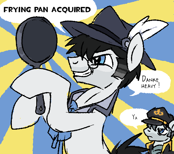 Size: 557x493 | Tagged: safe, artist:muffinz, derpibooru import, oc, oc:fatal fix, unofficial characters only, earth pony, pony, clothes, duo, frying pan, glasses, hat, heavy (tf2), image, medic (tf2), military uniform, png, team fortress 2, uniform