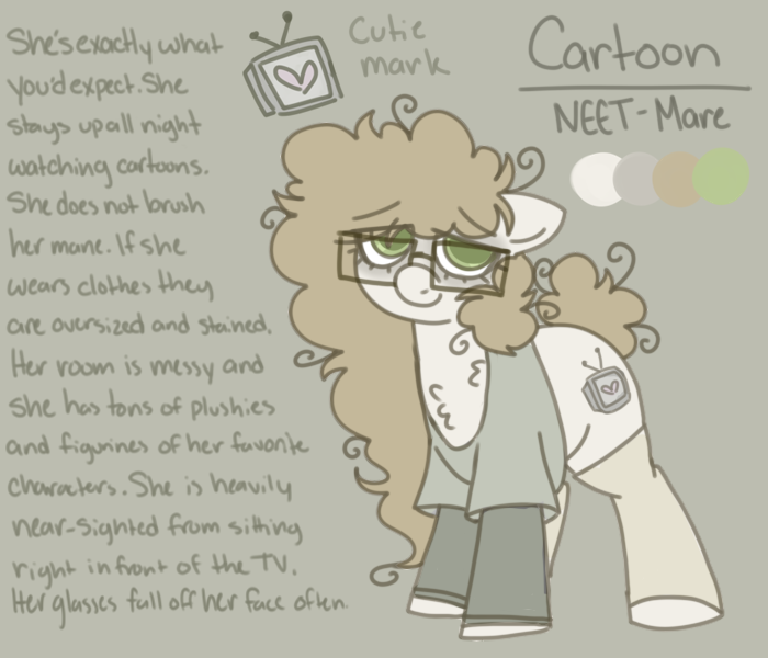 Size: 700x600 | Tagged: safe, artist:puppie, derpibooru import, oc, oc:cartoon, unofficial characters only, earth pony, bags under eyes, frizzy hair, glasses, image, long mane, neet, png, reference sheet, tail, tail bun