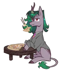 Size: 1724x1994 | Tagged: safe, artist:cowboypony, derpibooru import, oc, oc:skywell, unofficial characters only, kirin, pony, chopsticks, clothes, eating, egg, food, image, kirin oc, male, necktie, noodles, pizza, png, ramen, simple background, solo, stallion, suit, table, transparent background