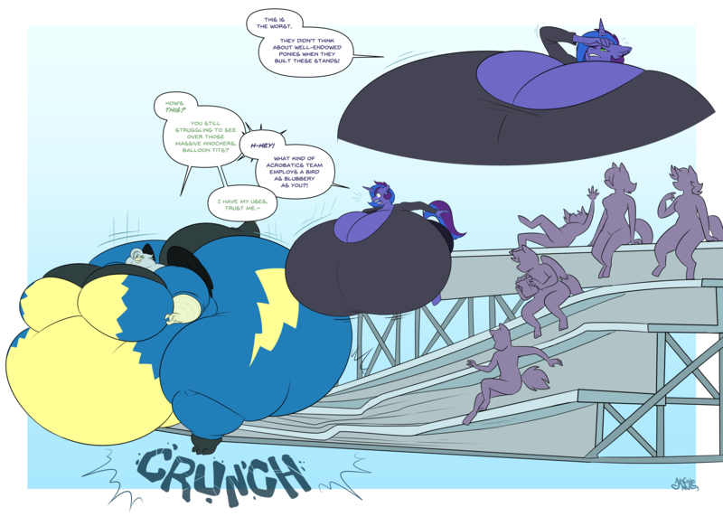 Size: 11000x8000 | Tagged: questionable, artist:jangleforks, derpibooru import, oc, oc:blue monday, oc:mai, unofficial characters only, anthro, gryphon, unicorn, absurd resolution, angry, bbw, belly, big belly, big breasts, bleachers, breasts, butt, chubby, clothes, destruction, dialogue, duo, fat, female, gradient background, griffon oc, horn, huge belly, huge breasts, huge butt, hyper, hyper breasts, image, impossibly large belly, impossibly large breasts, impossibly large butt, large butt, morbidly obese, obese, onomatopoeia, png, smug, ssbbw, unidentified pony, uniform, wonderbolts uniform