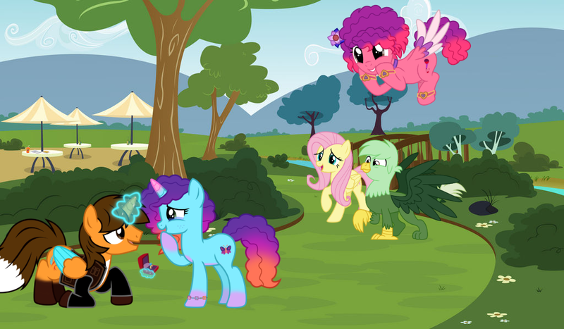 Size: 1024x598 | Tagged: safe, artist:punkieprimeape1, derpibooru import, fluttershy, oc, oc:ej, oc:gregory griffin, alicorn, gryphon, pegasus, unicorn, g4, g5, canon x oc, female, g5 to g4, generation leap, horn, image, male, marriage proposal, misty brightdawn, png, ruby jubilee, straight