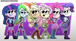 Size: 3600x1990 | Tagged: safe, artist:cartoonactionstudios, derpibooru import, applejack, fluttershy, pinkie pie, rainbow dash, rarity, sci-twi, sunset shimmer, twilight sparkle, human, equestria girls, g4, calarts, female, humane five, humane six, image, png, the rainbooms