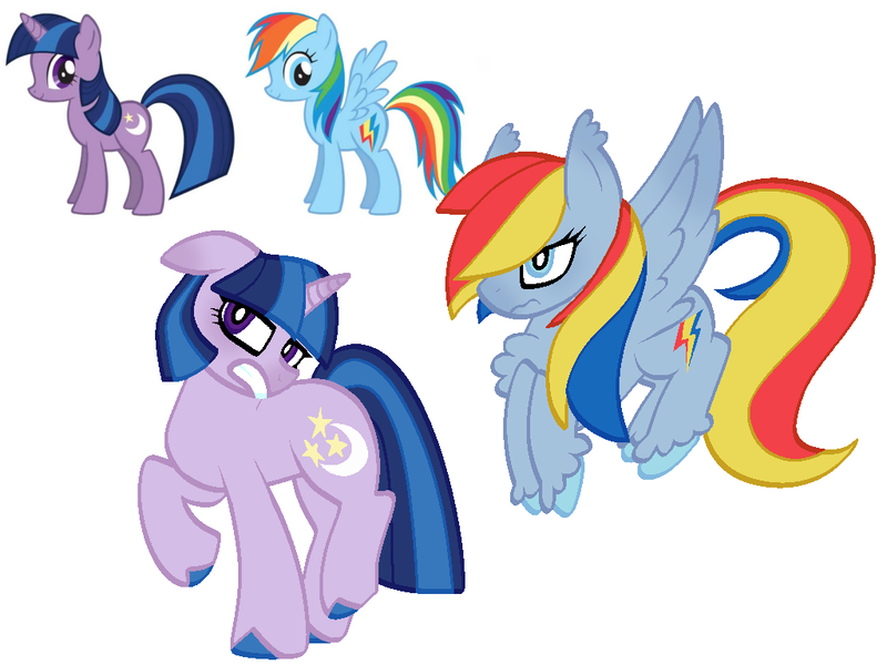 Size: 1024x768 | Tagged: safe, artist:kharmacal, derpibooru import, rainbow dash, twilight sparkle, twilight twinkle, pegasus, pony, unicorn, g4, blue eyes, chest fluff, colored hooves, duo, duo female, female, flying, hair over one eye, hooves, horn, image, pixel-crisp art, png, production art, purple eyes, rainbow cyclone, redesign, unshorn fetlocks