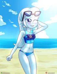 Size: 3090x4000 | Tagged: safe, artist:dieart77, trixie, equestria girls, beach, belly button, bikini, clothes, image, jpeg, solo, sunglasses, swimsuit