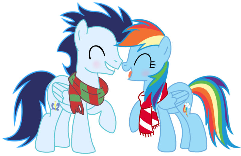 Size: 1280x827 | Tagged: safe, artist:soarindasher10, derpibooru import, rainbow dash, soarin', pegasus, pony, blushing, clothes, eyes closed, female, image, male, mare, png, scarf, shipping, simple background, smiling, soarindash, stallion, straight, transparent background