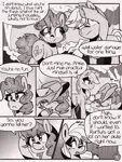 Size: 1050x1400 | Tagged: safe, artist:provolonepone, derpibooru import, applejack, pinkie pie, earth pony, pony, comic:sapphic story, applejack's hat, comic, cowboy hat, dialogue, hat, image, implied lesbian, implied rarijack, implied shipping, monochrome, png, rain, speech bubble, tree