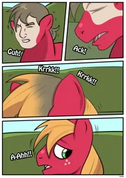 Size: 1614x2283 | Tagged: safe, artist:rex-equinox, derpibooru import, big macintosh, earth pony, human, pony, g4, comic, commission, dialogue, eyes closed, freckles, green eyes, gritted teeth, head, human male, human to pony, image, looking back, male, muzzle, onomatopoeia, open mouth, png, pony ears, solo, stallion, story included, teeth, transformation, transformation sequence