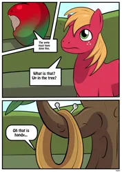 Size: 1614x2283 | Tagged: safe, artist:rex-equinox, derpibooru import, big macintosh, earth pony, pony, g4, apple, apple tree, big macintosh's yoke, bite mark, comic, commission, dialogue, emanata, food, horse collar, human to pony, image, looking up, male, png, solo, speech bubble, stallion, story included, transformation, transformation sequence, transformed, tree, tree branch